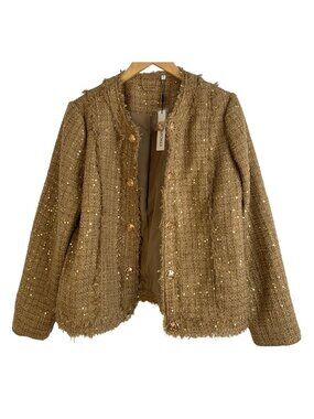 Chicos Gold Tweed Blazer Jacket Sequin Size L Raw Fringe Open Cold Weather NWT